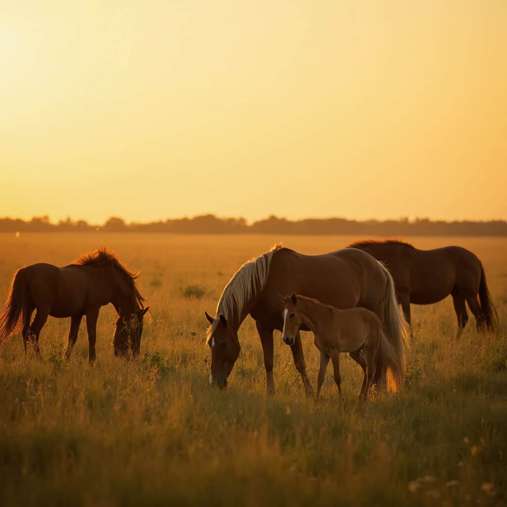Wild Spanish horses, including a mare and foal, grazing in the vast, untouched grassland of Paynes Prairie, Florida at golden hour, illuminated by warm amber light.