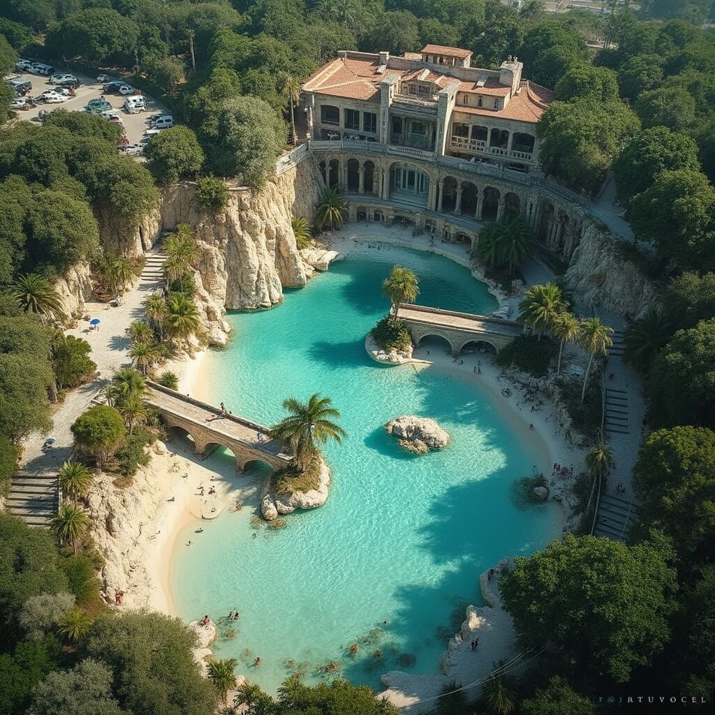 Aerial view of a Mediterranean villa complex in a transformed limestone quarry, surrounded by Coral Gables residential area and lush tropical landscaping with locals and tourists enjoying the spring-fed waters, stone bridges, sandy beaches, and natural grottos alongside vintage architecture, parking areas and entrance facilities, captured in documentary photography style with soft natural lighting.