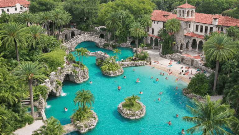 Aerial view of the historic Venetian Pool in Coral Gables, showcasing the turquoise spring water, ornate limestone quarry, Mediterranean Revival architecture with coral rock grottos, arched stone bridges, and bell towers, beach spots, swimmers in the 820,000-gallon pool and visitors lounging amidst lush tropical landscaping and 1920s historical elements.