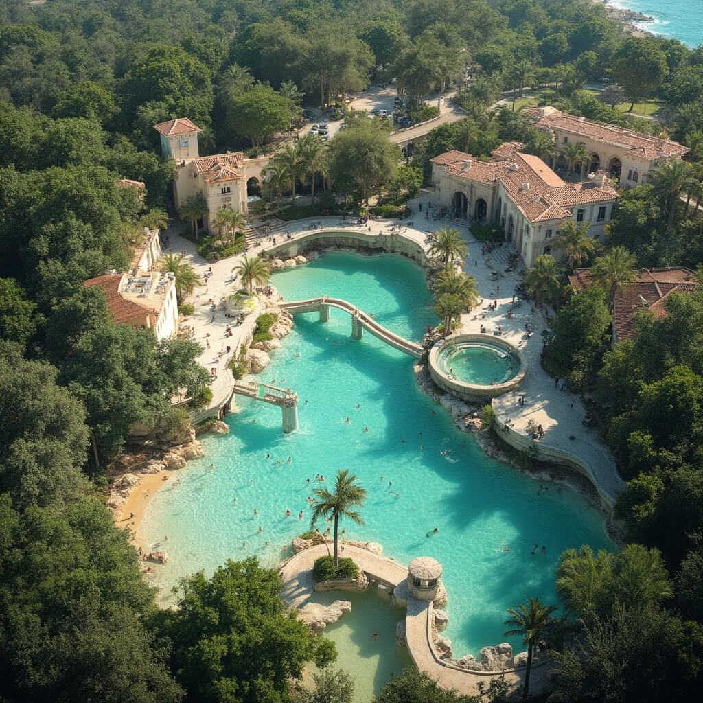 Aerial view of a Mediterranean villa complex in a historic limestone quarry, showcasing a lush environment with native palms, coral rock formations, sandy beaches, stone bridges, vintage bell towers and arched walkways amidst a residential Coral Gables neighborhood, with people enjoying the spring-fed waters in the bright natural light.