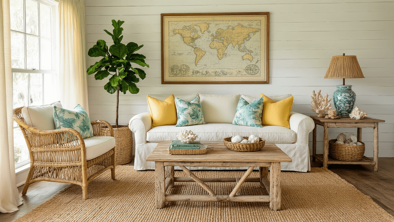A vintage Florida living room bathed in golden hour sunlight, featuring a weathered cypress coffee table, rattan armchair with yellow cushions, cream slipcover sofa with seafoam pillows, shiplap walls adorned with vintage maps, a fiddle leaf fig in a basket, a bamboo floor lamp, a jute rug, and coastal decor accents, all creating an inviting atmosphere.