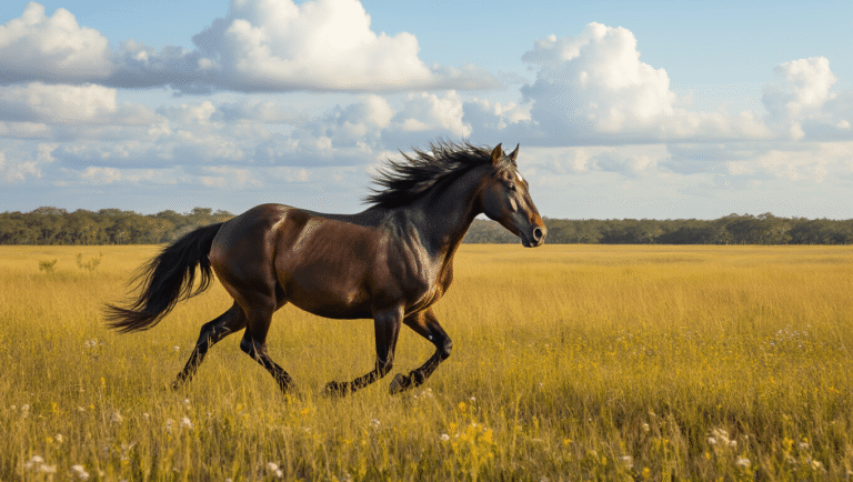 "Majestic wild Spanish horse galloping across Paynes Prairie, Florida, under a dramatic sky with visible muscular build and freedom of movement, among native grasses and wildflowers with scattered oak hammocks in the backdrop."
