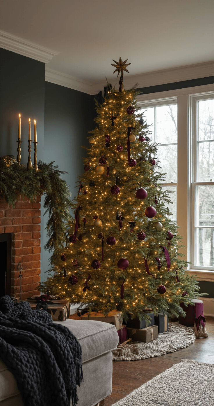 Cinematic wide shot of a cozy living room at dusk featuring a decorated Christmas tree with warm amber lights, a brick fireplace with taper candles, and rich textures like a leather armchair and velvet pillows, all illuminated by candlelight against a dark, twilight backdrop.