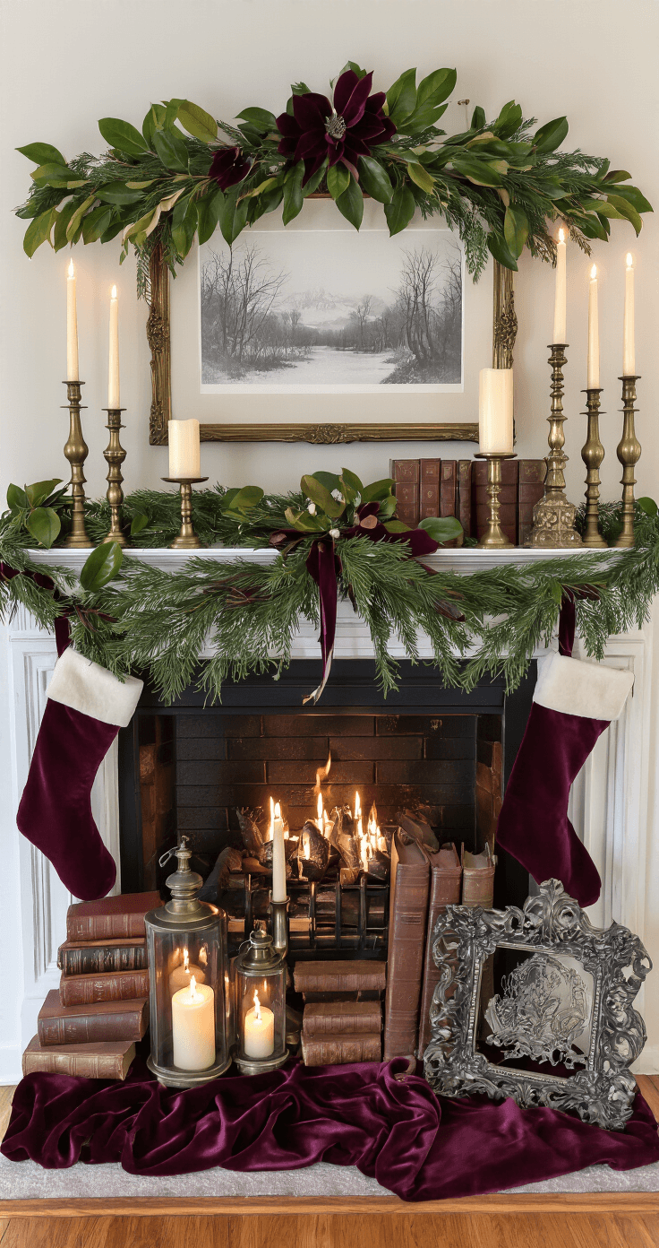 Atmospheric close-up of an elaborately styled fireplace mantel adorned with cedar garland and magnolia leaves, illuminated by flickering candlelight from antique brass candlesticks and smoked glass lanterns, with velvet stockings and vintage books enhancing the cozy winter ambiance.