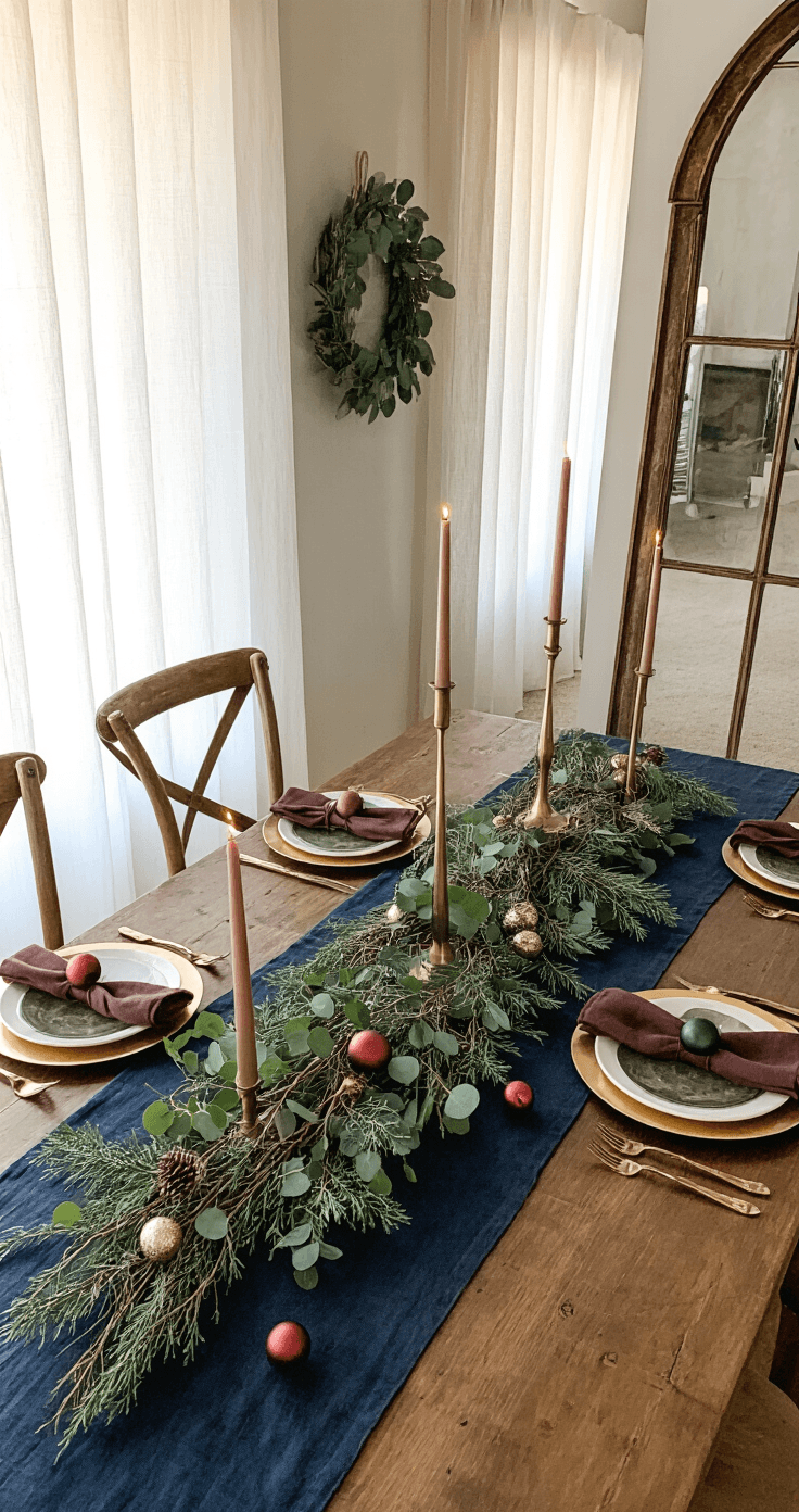 Elegant overhead view of a moody Christmas dining table styled with a navy linen tablecloth, fresh eucalyptus and cedar runner, antique brass chargers, pewter napkin rings with brown linens, brass candlesticks, and vintage glass ornaments, all bathed in warm golden hour light.