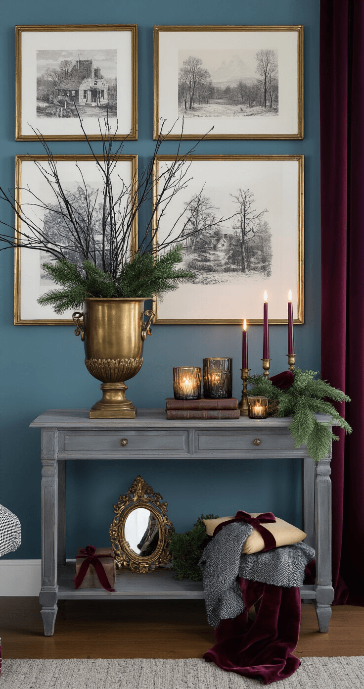 Intimate vignette of a styled console table against a gallery wall featuring vintage winter prints. The console showcases a vintage brass urn with bare branches and cedar, flanked by smoky glass candles and stacked leather books tied with ribbon. A small mirror reflects the warm glow of flameless LED candles. Deep plum velvet curtains and a herringbone throw add rich textures, with a 45-degree camera angle emphasizing depth and warmth.