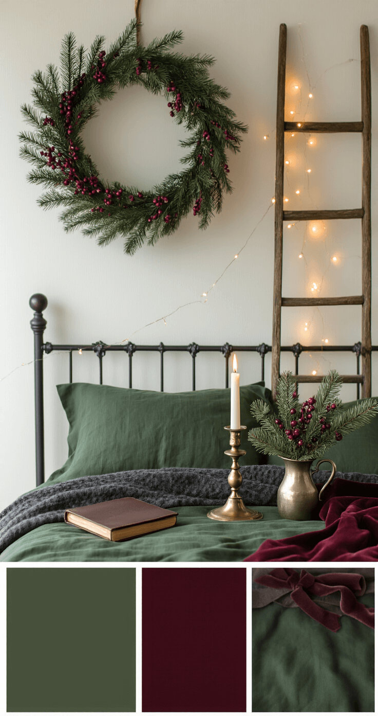 Moody bedroom scene illuminated by candlelight and string lights, featuring an iron bed with deep green linens, a vintage brass candlestick on a nightstand, and a simple evergreen wreath with burgundy berries above. Warm amber glow from string lights draped along the headboard adds a soft bokeh effect, while a vintage ladder with velvet ribbon leans against the wall. Rich colors of burgundy, charcoal, and warm brass create a cozy atmosphere.