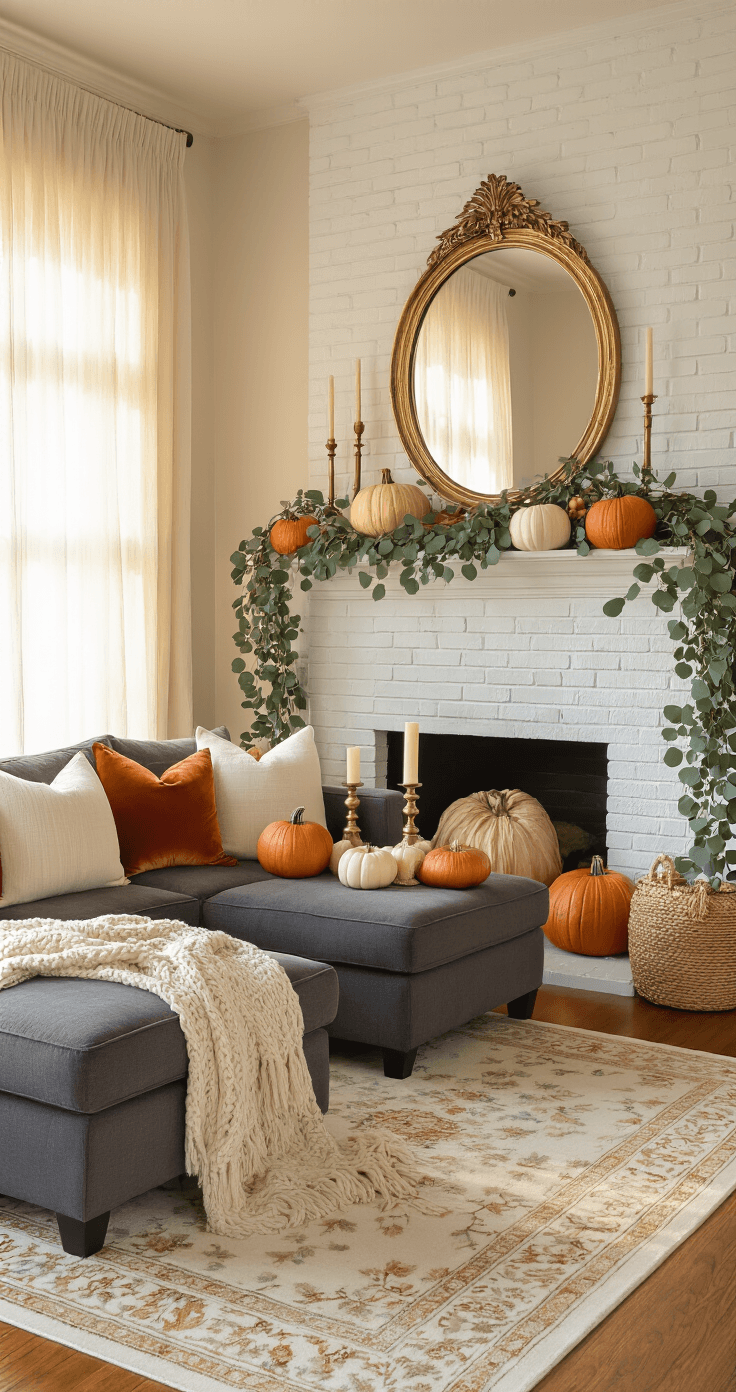 Fall Halloween Decor: How to Layer Cozy Autumn Vibes with Just-Right Spooky Touches A medium-sized living room bathed in warm golden hour sunlight, featuring a white brick fireplace mantel adorned with a eucalyptus and oak leaf garland, varied pumpkins, and brass candlesticks. A charcoal sectional sofa with rust and cream pillows is complemented by a chunky knit blanket, all resting on hardwood floors with a cream Persian rug. A large ornate brass mirror reflects the warm light.