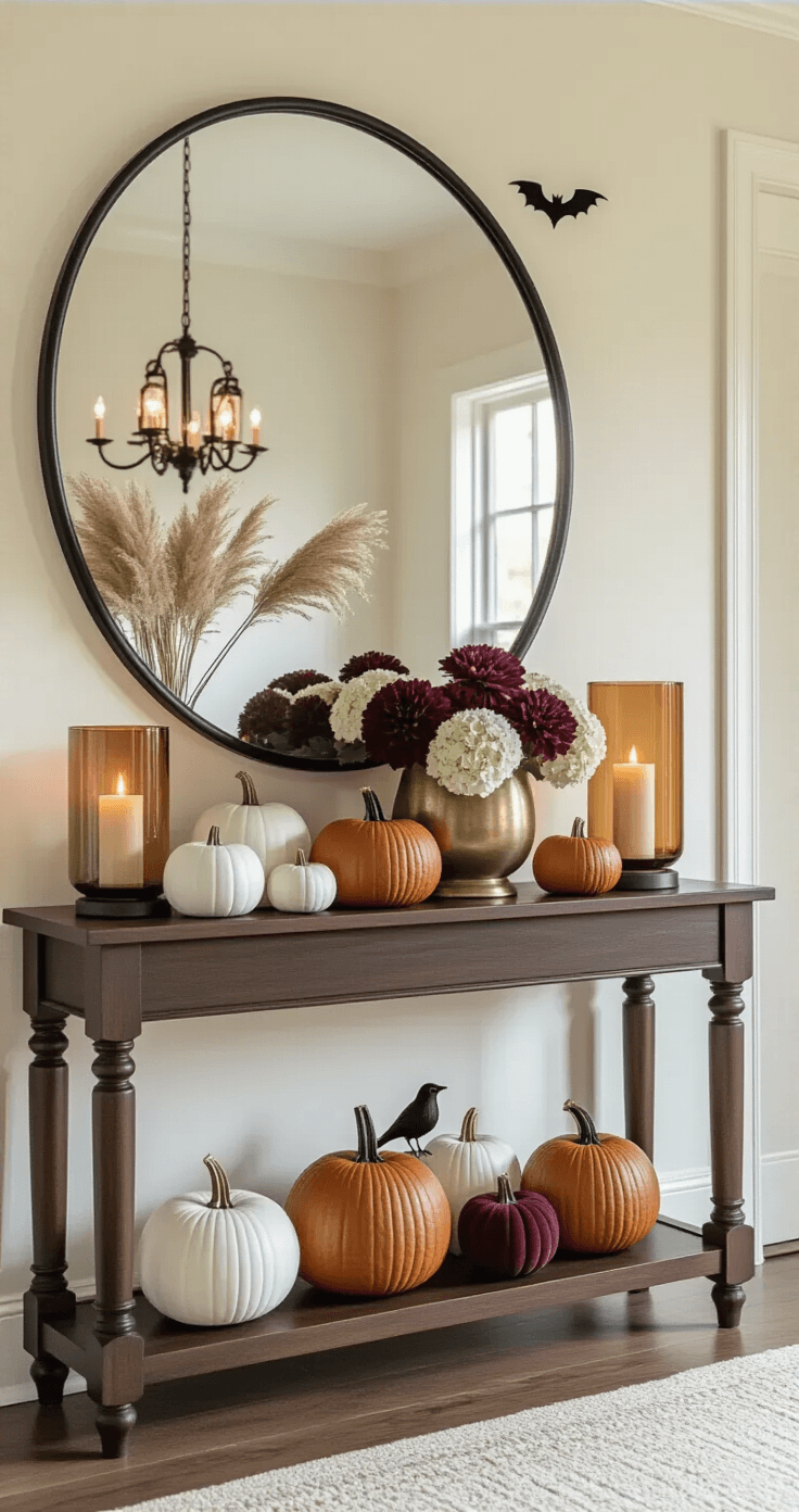 Fall Halloween Decor: How to Layer Cozy Autumn Vibes with Just-Right Spooky Touches A bright entryway featuring an elegant dark walnut console table adorned with an asymmetrical display of nine pumpkins in varying materials and colors, flanked by amber glass hurricanes and a brass vessel of dried flowers, beneath a round black-framed mirror reflecting pendant lighting, with subtle Halloween accents like black ravens and a bat garland.