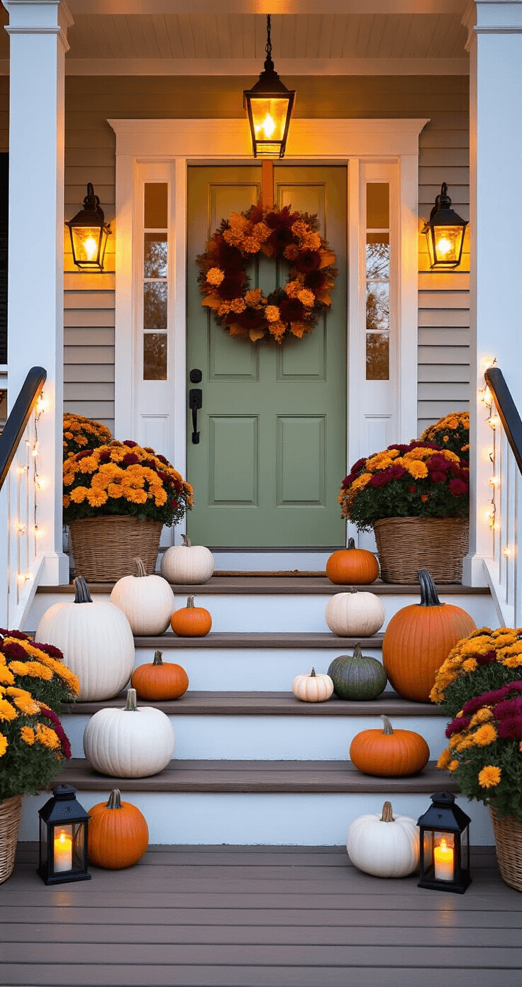 Fall Halloween Decor: How to Layer Cozy Autumn Vibes with Just-Right Spooky Touches A cozy front porch scene at blue hour, featuring twelve pumpkins in various sizes, black metal lanterns with flickering candles, a fall wreath on a sage green door, overflowing baskets of autumn mums, string lights casting a warm glow, and a well-dressed skeleton in a rocking chair.