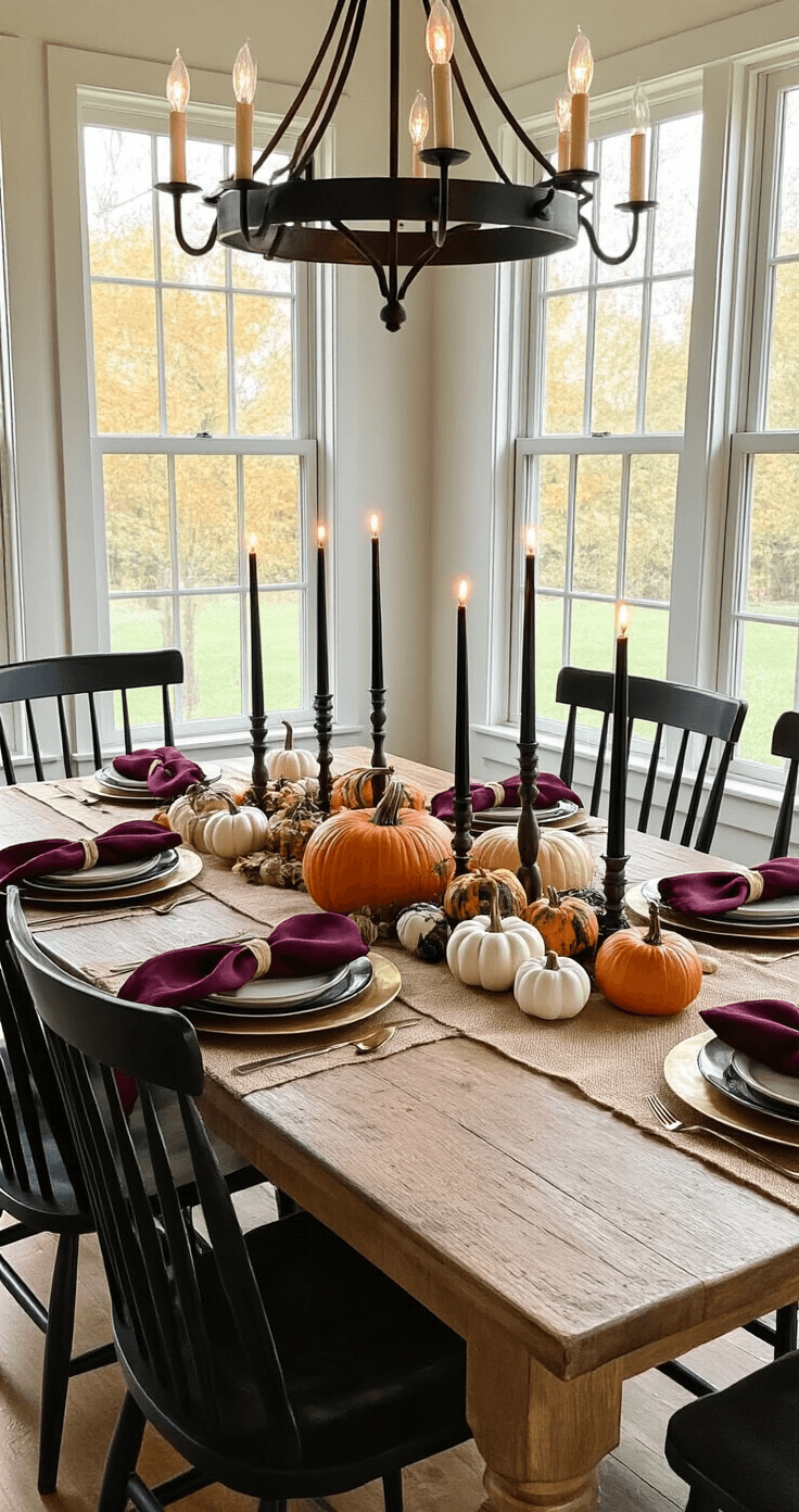 Fall Halloween Decor: How to Layer Cozy Autumn Vibes with Just-Right Spooky Touches An intimate dining room illuminated by candlelight, featuring a rustic wooden farmhouse table adorned with a burlap runner, an organic arrangement of pumpkins, and black metal candlesticks holding taper candles. Deep burgundy napkins and brass charger plates decorate the table, while a wrought iron chandelier with Edison bulbs casts a warm glow. Dark wood chairs surround the table, and large windows reveal twilight outside, filtered by sheer curtains.
