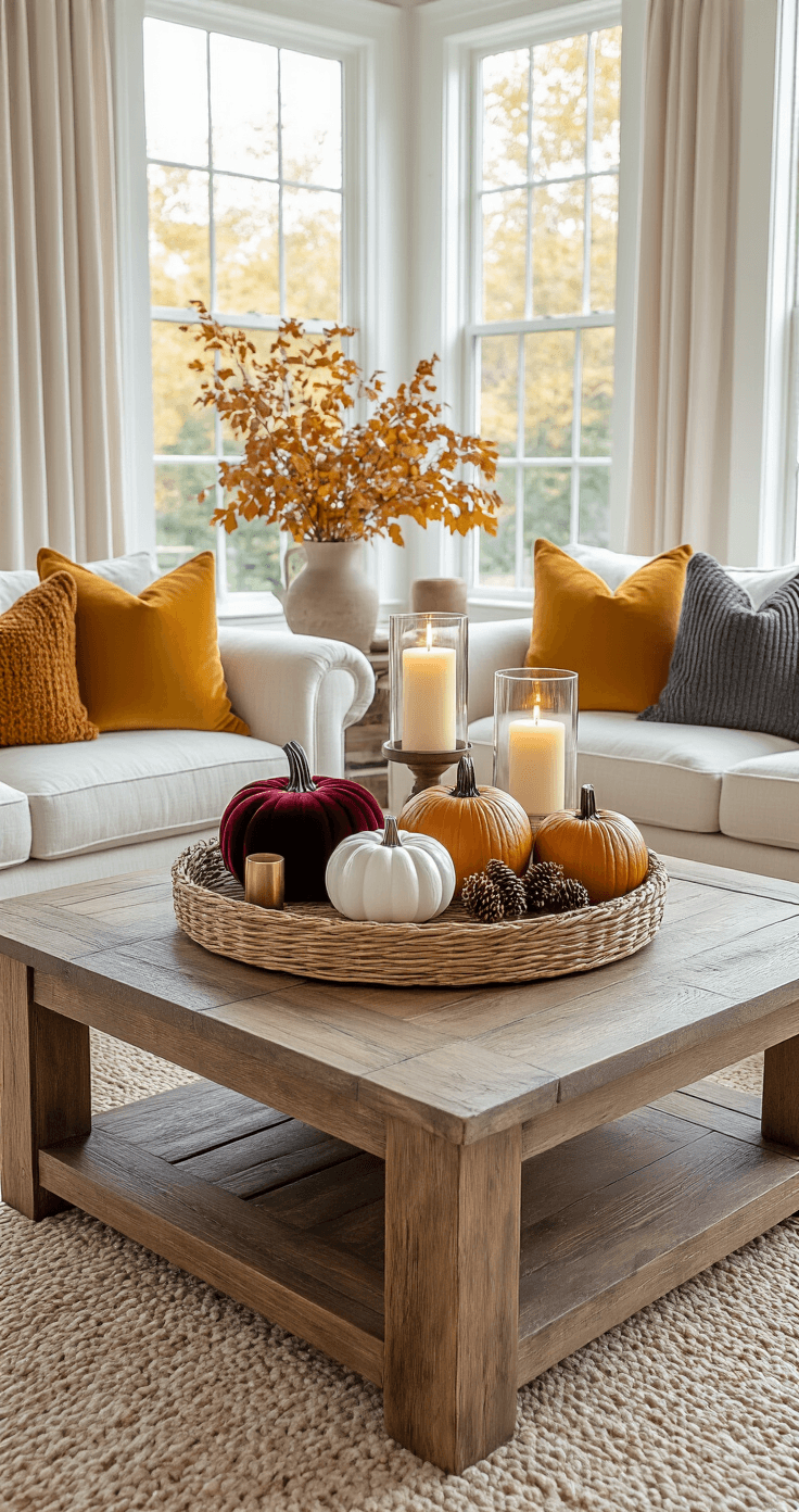 Fall Halloween Decor: How to Layer Cozy Autumn Vibes with Just-Right Spooky Touches A bright midday scene featuring a stylish coffee table vignette in a living room, centered on a large reclaimed wood coffee table adorned with a round wicker tray of six pumpkins, three pillar candles in hurricane sleeves, and small brass vessels with acorns and pinecones. Two cream linen sofas with colorful throw pillows face each other, accented by a chunky knit throw, all set on a natural jute rug over white oak floors, illuminated by large windows.