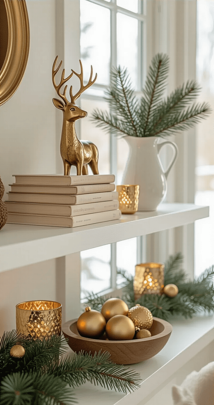 Christmas Shelf Decor That'll Make Your Heart (and Your Shelves) Sing A bright living room with a floating shelf display featuring a brass reindeer sculpture, vintage books, a white ceramic pitcher with pine branches, mercury glass votives, gold Christmas ornaments in a wooden bowl, and draped evergreen garland, all enhanced by soft natural light and warm lamp lighting.
