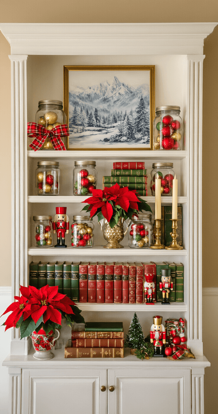 Christmas Shelf Decor That'll Make Your Heart (and Your Shelves) Sing A beautifully styled Christmas bookshelf with white shelving, featuring a winter landscape, vintage red and green books, mason jars of ornaments, brass candlesticks, plaid ribbon, nutcracker figurines, and fresh poinsettias, all illuminated in warm golden hour lighting for a nostalgic holiday atmosphere.