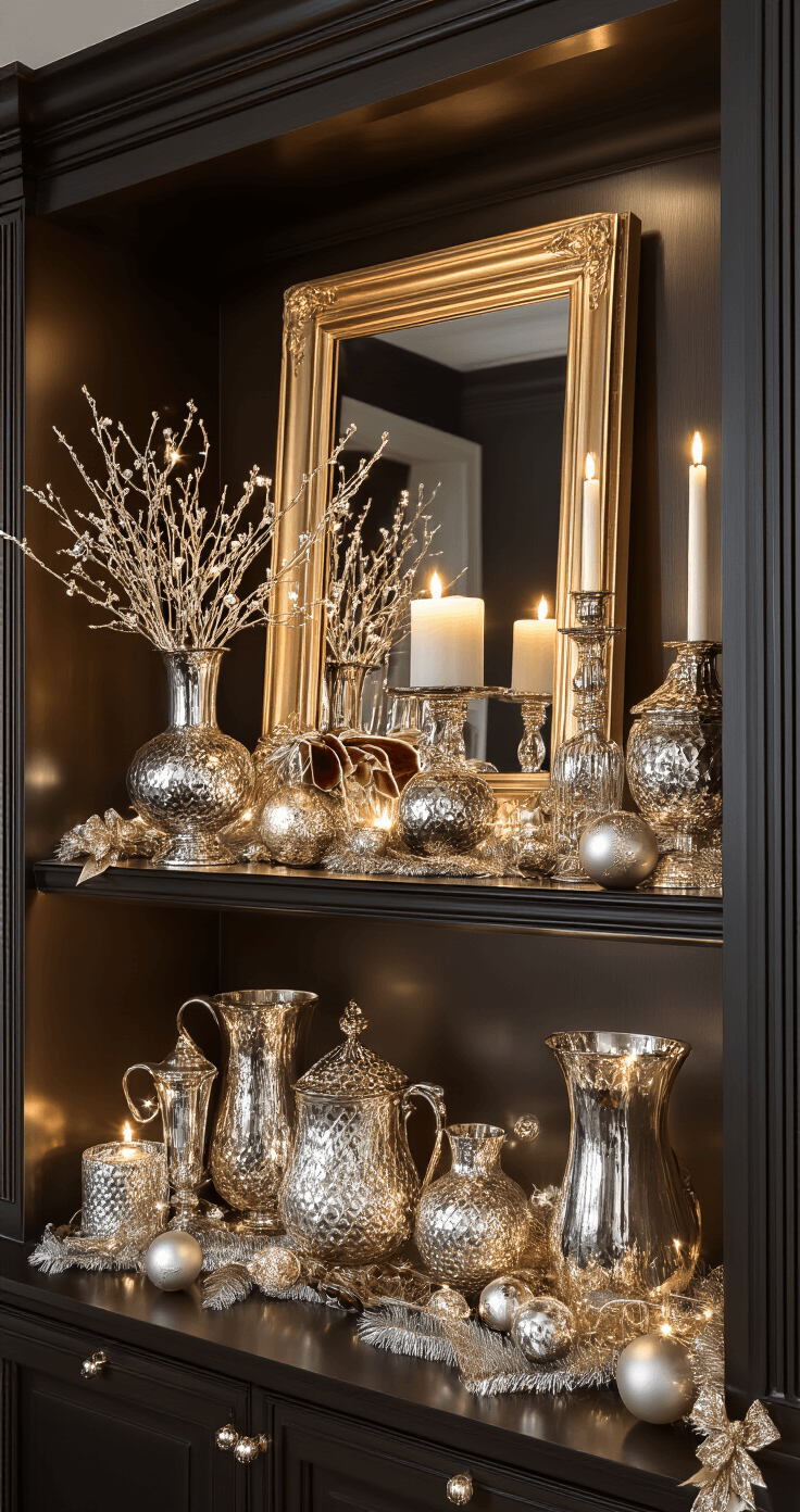 Christmas Shelf Decor That'll Make Your Heart (and Your Shelves) Sing Glamorous metallic Christmas shelf display with dark wooden bookcase, warm candlelight, mercury glass vessels, silver and champagne ornaments, gilt-framed mirror, velvet ribbons, and sparkling crystal accents, captured from a low angle with dramatic lighting.