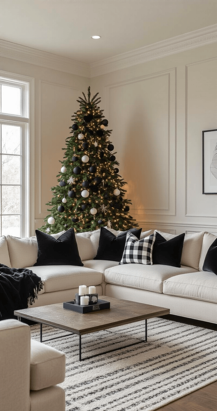A sophisticated modern living room at golden hour featuring a lush green Christmas tree with matte black and glossy white ornaments, a cream linen sofa with a buffalo check throw, and warm ambient lighting, all creating an elegant yet cozy atmosphere.