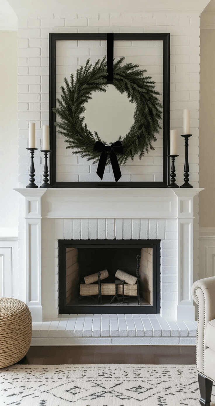A refined fireplace mantel vignette featuring a black metal wreath, white pillar candles in black iron candlesticks, and neutral stockings, illuminated by diffused natural light and reflecting in a large black frame mirror, creating a dramatic monochrome luxury atmosphere.