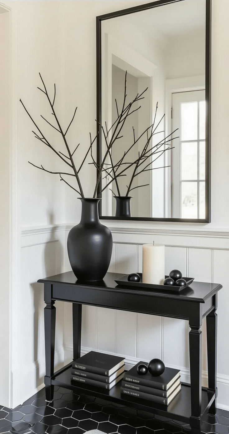 A sleek black lacquered console table in a narrow entryway, adorned with a tall matte black vase with bare branches, a medium white marble candle on a black iron tray with obsidian ornaments, and a stack of black-linen-covered vintage books, all under a large antiqued black-framed mirror, captured in warm late afternoon light.