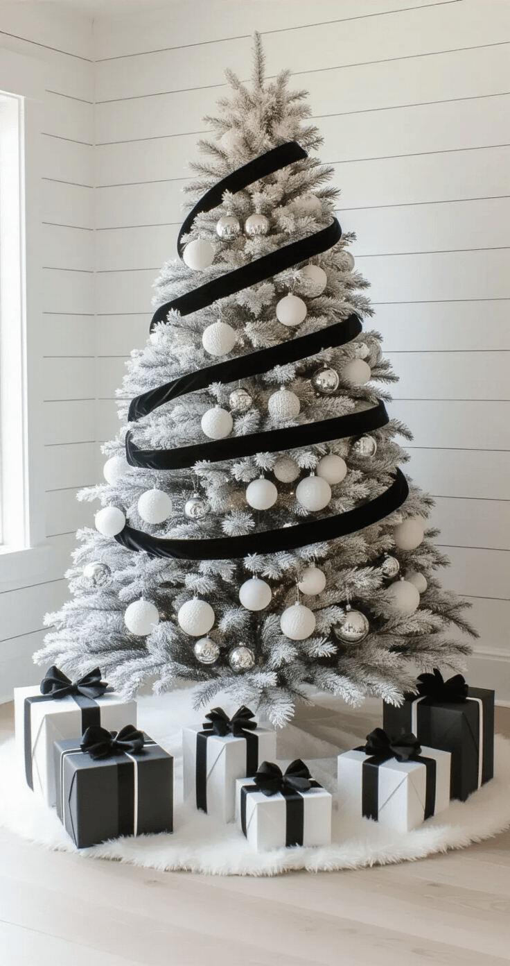 A bright Scandinavian-inspired living room featuring a fully styled flocked white Christmas tree adorned with chrome glass spheres, matte white ceramics, and ivory knit ornaments, surrounded by elegantly wrapped gifts, all illuminated by morning light.