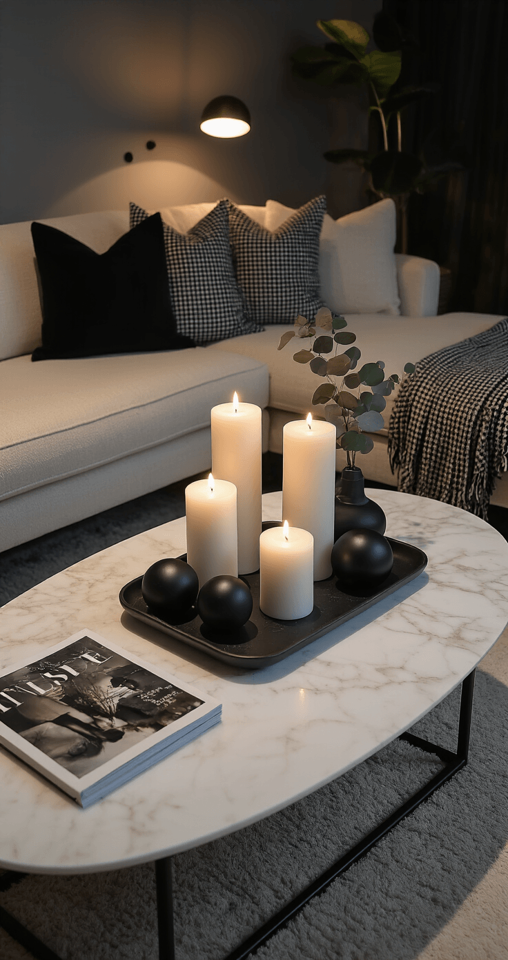 A moody modern living room with a white marble coffee table featuring a stylish vignette of candles, black ornaments, and eucalyptus, set against a cream boucle sofa adorned with a herringbone throw and check cushions, illuminated by warm candlelight and a lamp.