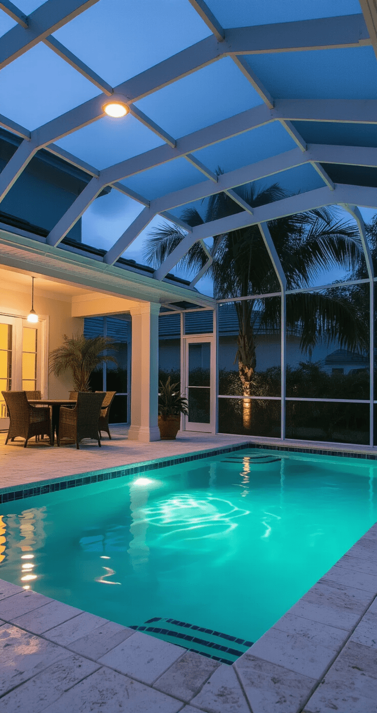 A dusk photograph of a neglected Florida screened lanai, featuring a glowing teal-blue lit pool surrounded by shadowy white travertine pavers and dark outdoor wicker furniture, captured from a low angle to emphasize the sparsely illuminated space.