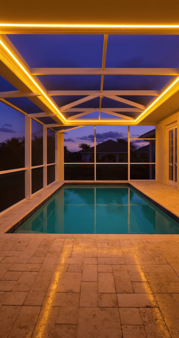 Wide shot of a Florida lanai pool cage at golden hour, featuring warm amber LED strip lights illuminating the aluminum framework, reflecting on travertine pavers, with a deep violet dusk sky in the background.