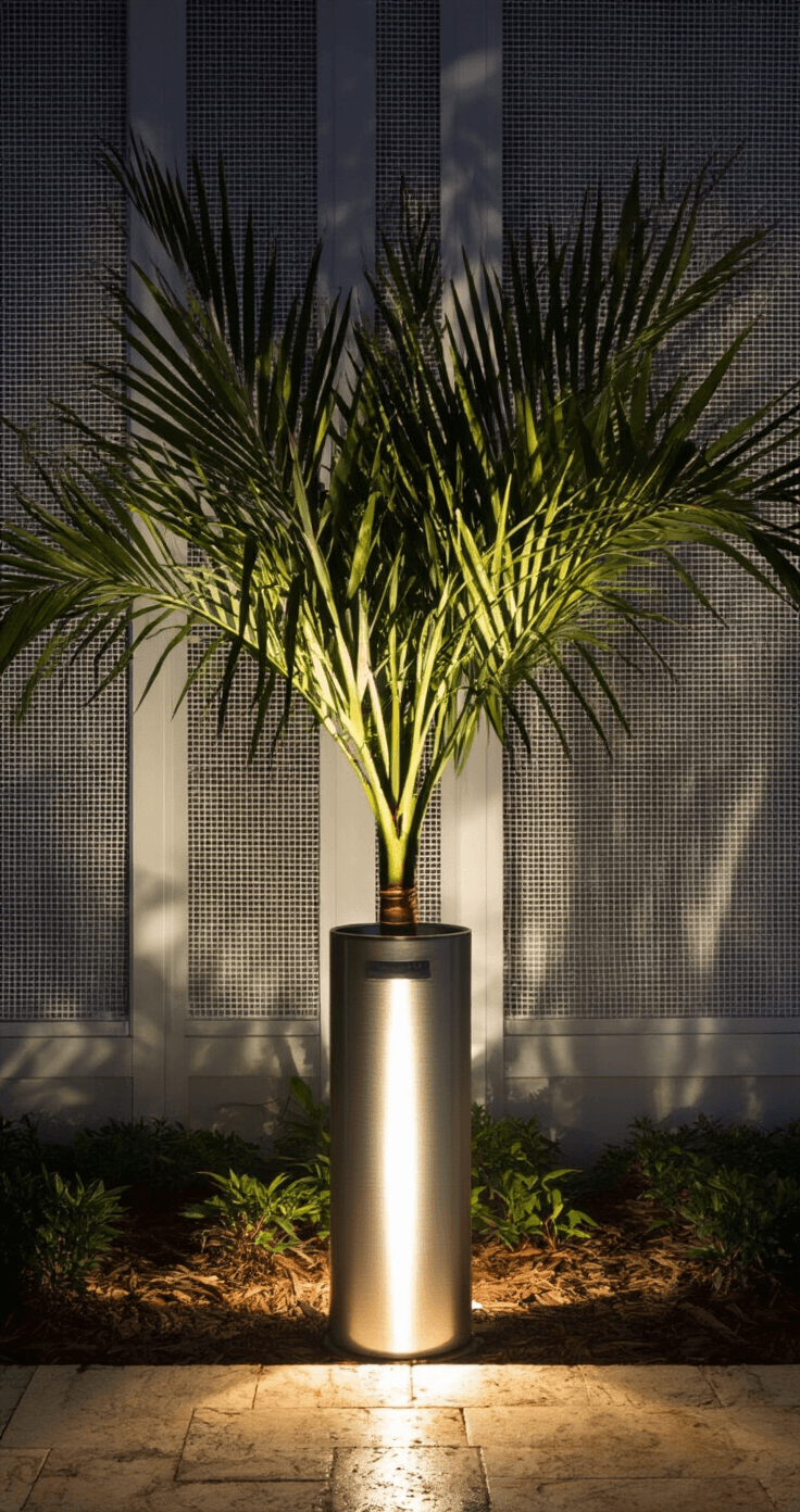 Close-up shot of a Florida pool cage aluminum post lit by warm uplight at night, casting dramatic shadows of an Areca palm onto a white mesh wall, with damp travertine pavers reflecting humidity.