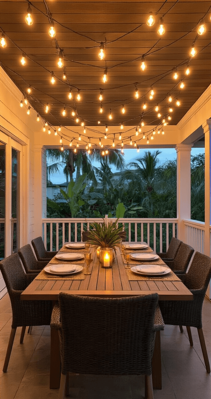 An inviting lanai dining area at 8pm, featuring a teak table set for four, illuminated by warm Edison string lights. The scene includes natural fiber placemats, brass candleholders with LED candles, and tropical centerpieces. Charcoal wicker chairs with cream cushions surround the table, while a softly glowing teal pool is visible through sheer curtains. A brushed brass lamp adds to the ambiance, creating a warm, celebratory atmosphere.