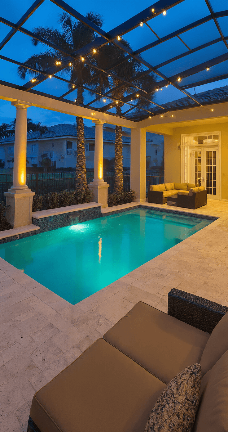 A panoramic view of a luxurious Florida lanai at night, featuring a glowing teal-blue pool, warm amber string lights, and illuminated Bismarck palms, all captured from above at a 45-degree angle.