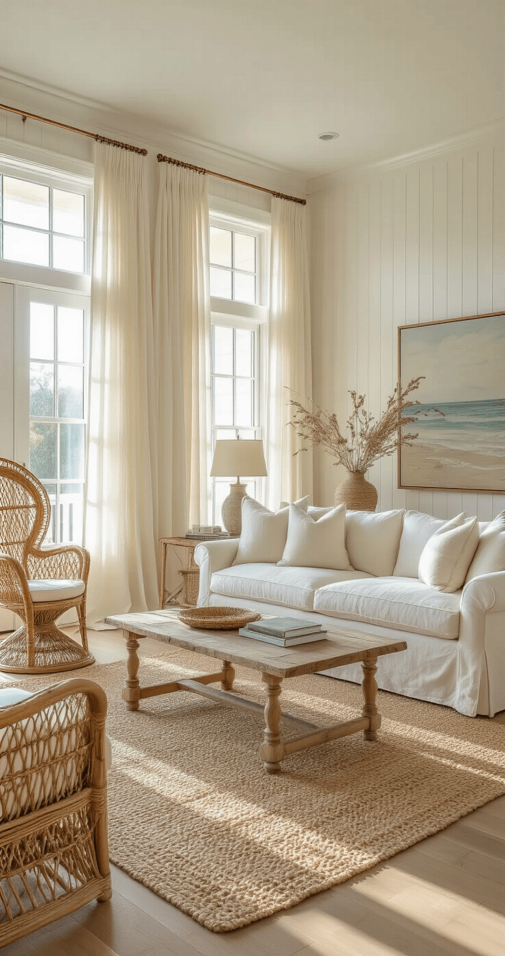 A bright and airy Florida living room with warm white beadboard paneling, sheer ivory curtains, and a sand-colored slipcovered sofa on a jute rug, featuring a vintage rattan chair, driftwood coffee table, and seafoam vases, all bathed in soft golden morning light.