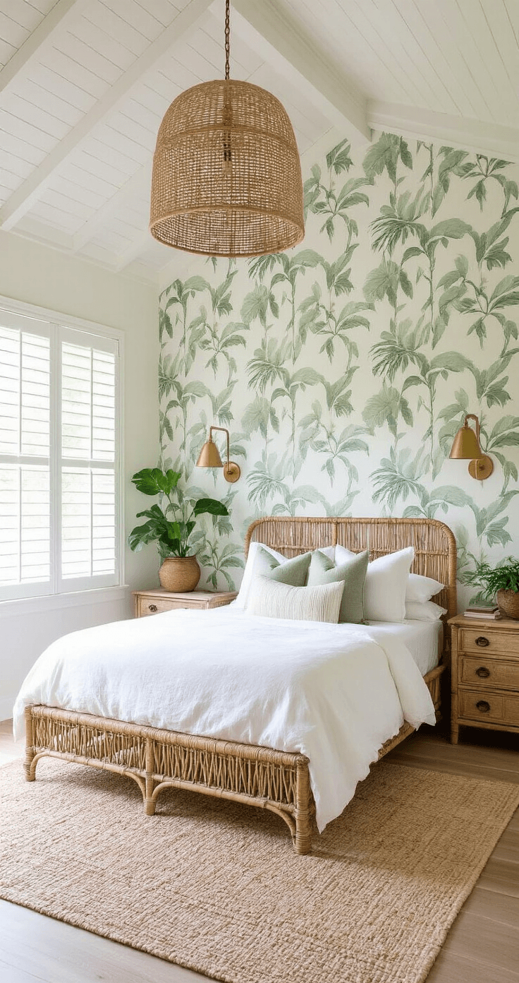 A serene Florida bedroom featuring a rattan platform bed with white linen, tropical leaf wallpaper, brass sconces, and natural decor, illuminated by soft afternoon light through plantation shutters.