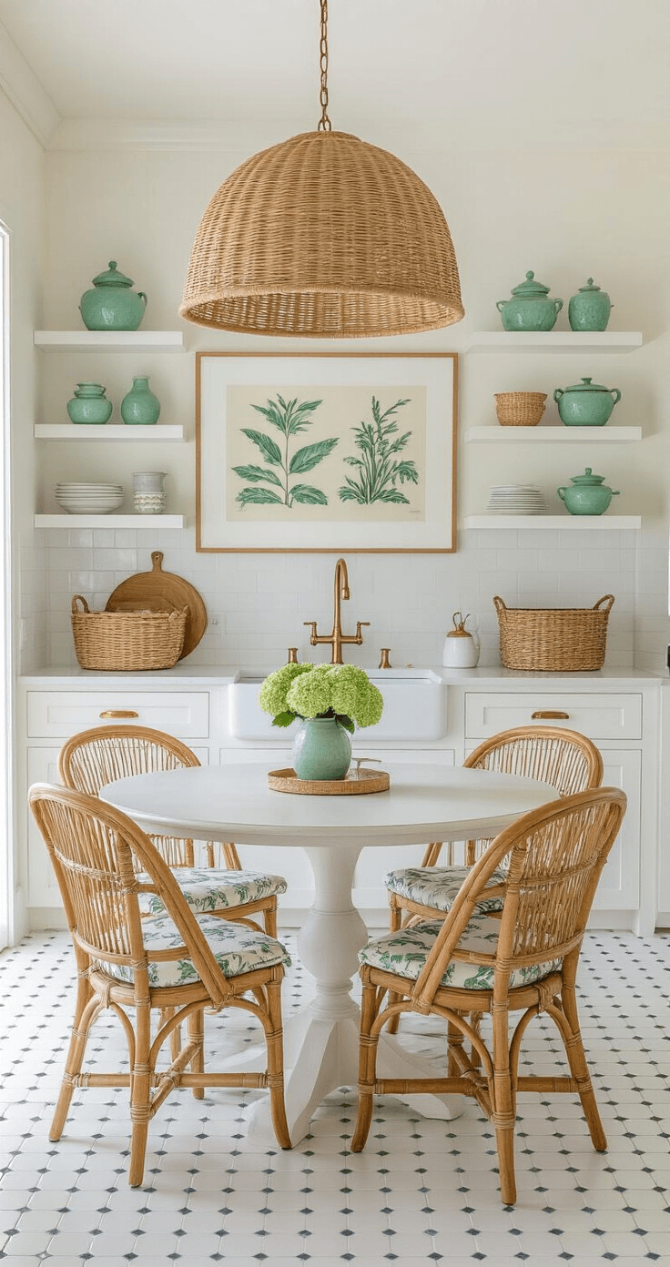 Bright Florida aesthetic kitchen and dining nook featuring white shaker cabinets, aged brass hardware, penny tile flooring, open shelving with sea glass green ceramics and vintage botanical prints, a round whitewashed oak dining table with cane-backed rattan chairs, a scalloped wicker pendant light, and a large windowsill adorned with terracotta pots of pothos and an orchid, all bathed in soft midday light.