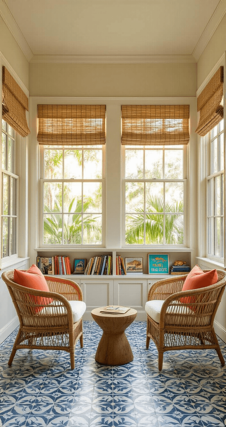 A cozy Florida sunroom with oversized windows and bamboo shades, featuring rattan barrel chairs, a driftwood side table, a built-in bookshelf with colorful books and vintage travel posters, and a parlor palm in a wicker basket, all bathed in golden afternoon light.