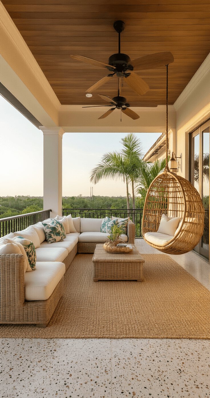 Wide-angle architectural shot of a Florida lanai at golden hour, featuring terrazzo flooring, a jute-blend outdoor rug, wicker sectional, hanging rattan egg chair, ceiling fans, areca palms, and warm amber string lights.