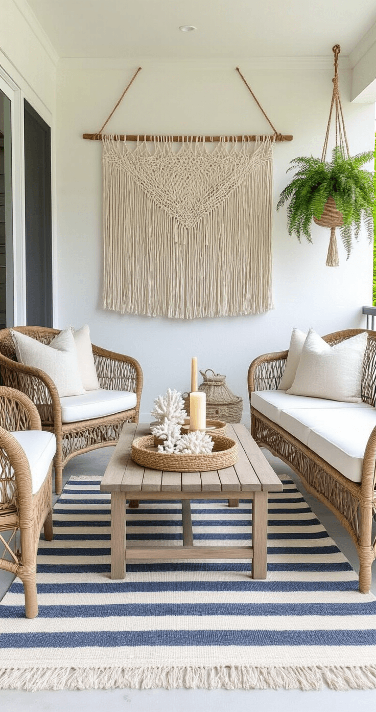 Interior of a compact Florida screened patio styled in boho-coastal aesthetic, featuring deep-cushioned rattan chairs, a teak slice coffee table with decorative elements, macramé wall hanging, and hanging fern baskets, all bathed in soft mid-morning light.