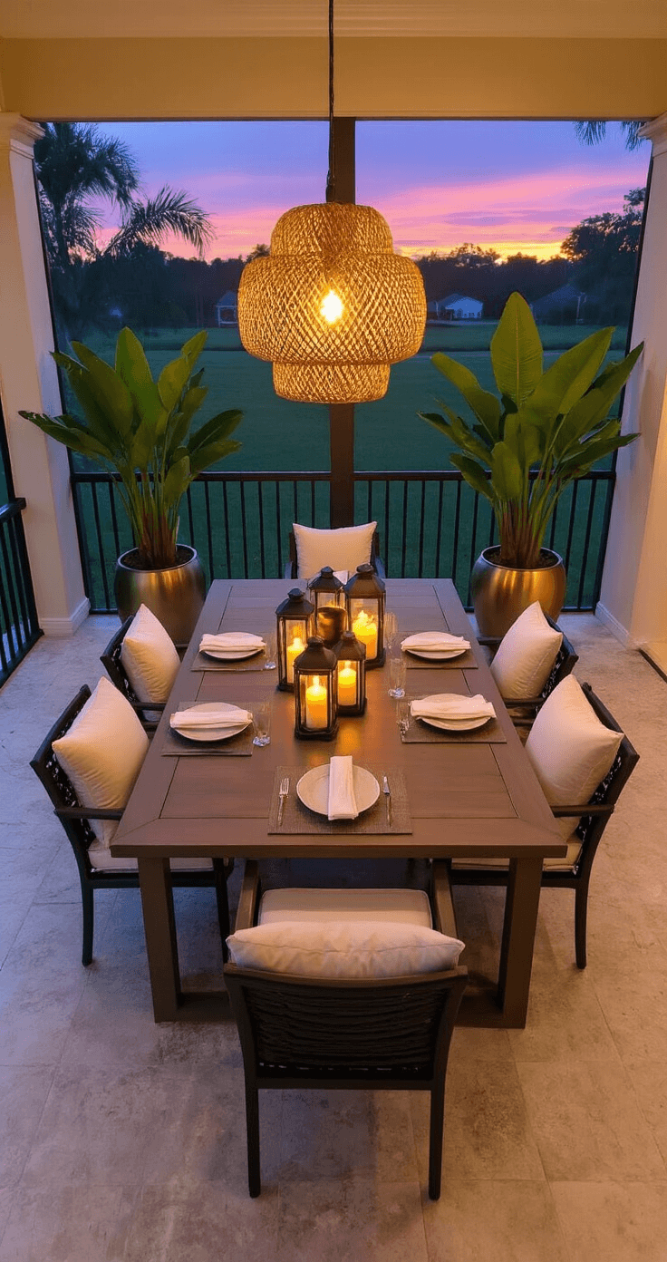 Cinematic overhead shot of a stylish outdoor dining area in a screened Florida lanai at dusk, featuring a rectangular acacia wood table with six black aluminum chairs, a centerpiece of matte black lanterns with flickering candles, lush Bird of Paradise plants in brass planters, and a warm rattan chandelier, all set against a backdrop of a softly lit pool and a violet and amber sky.