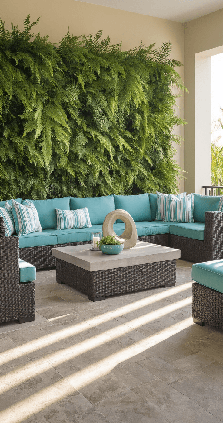 Wide shot of a tropical Florida lanai at 4 PM, featuring a gray wicker sectional with aqua and white cushions, a concrete coffee table with decor, a living wall of ferns, and a black ceiling fan, all under bold sunlight casting shadows on the stone tile floor.