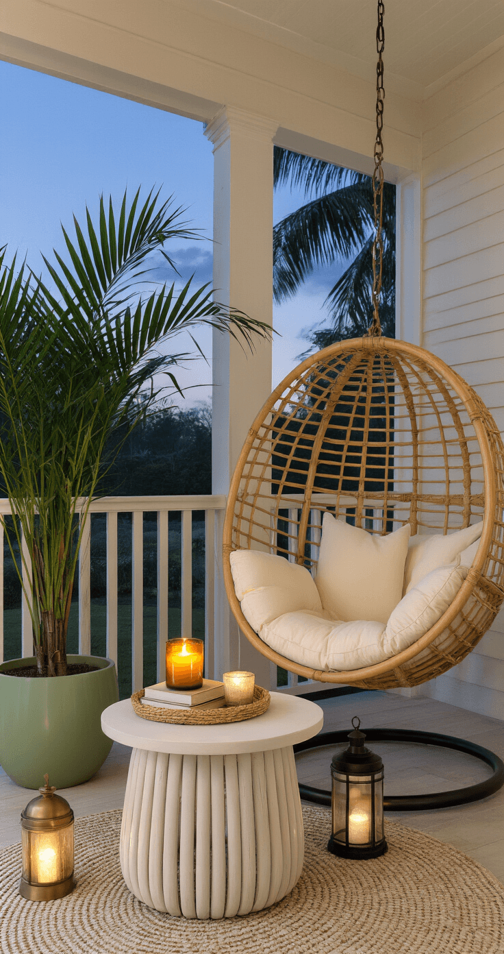 Moody twilight photograph of a Florida screened lanai corner featuring a natural rattan egg chair, whitewashed mango wood side table with a candle, books, and a palm frond vase, alongside a tall Majesty Palm in a sage green planter, illuminated by floor lanterns and string lights.