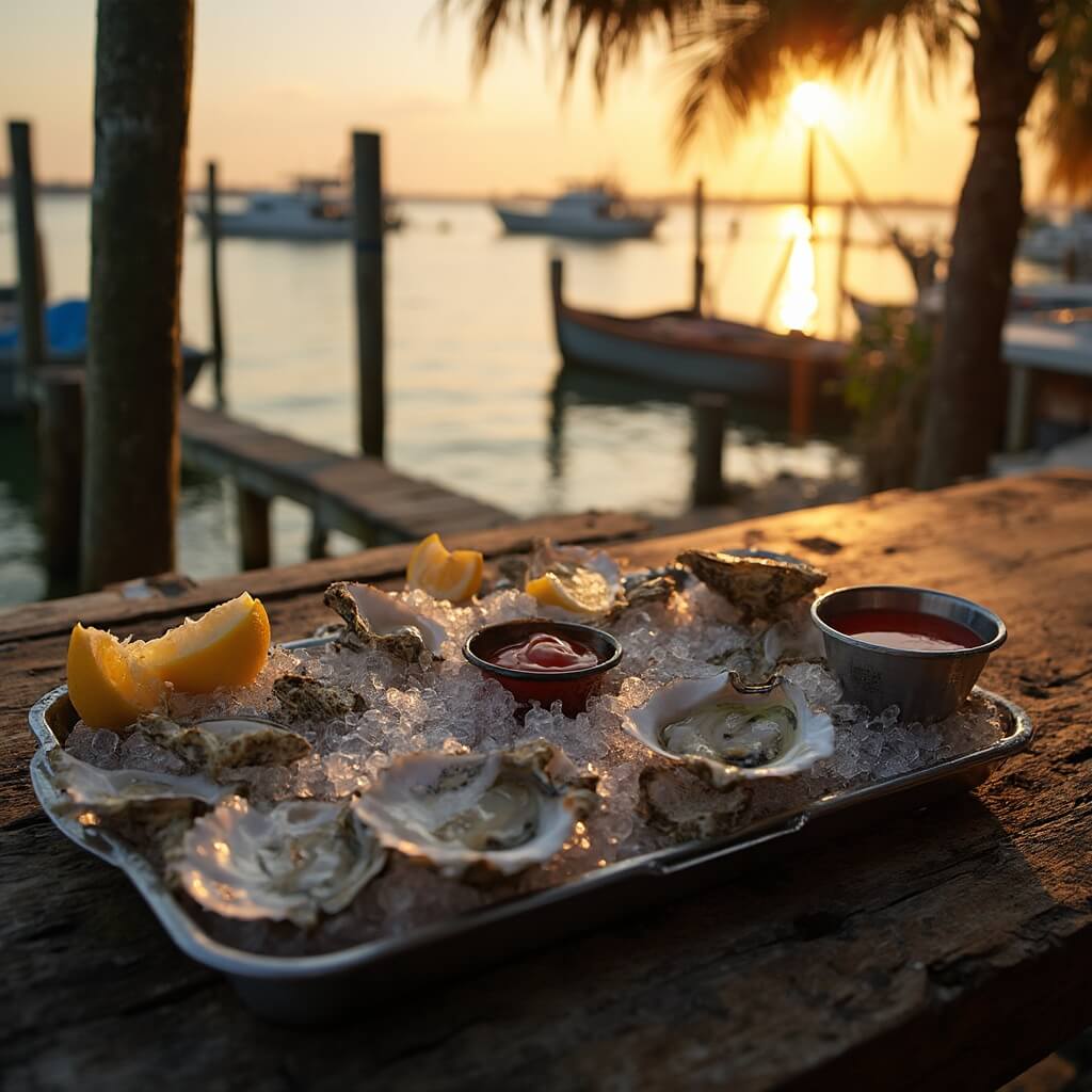Fresh Eastern oysters on a rustic wooden table with waterfront view of Apalachicola Bay at golden hour, weathered dock pilings and oyster boats in background