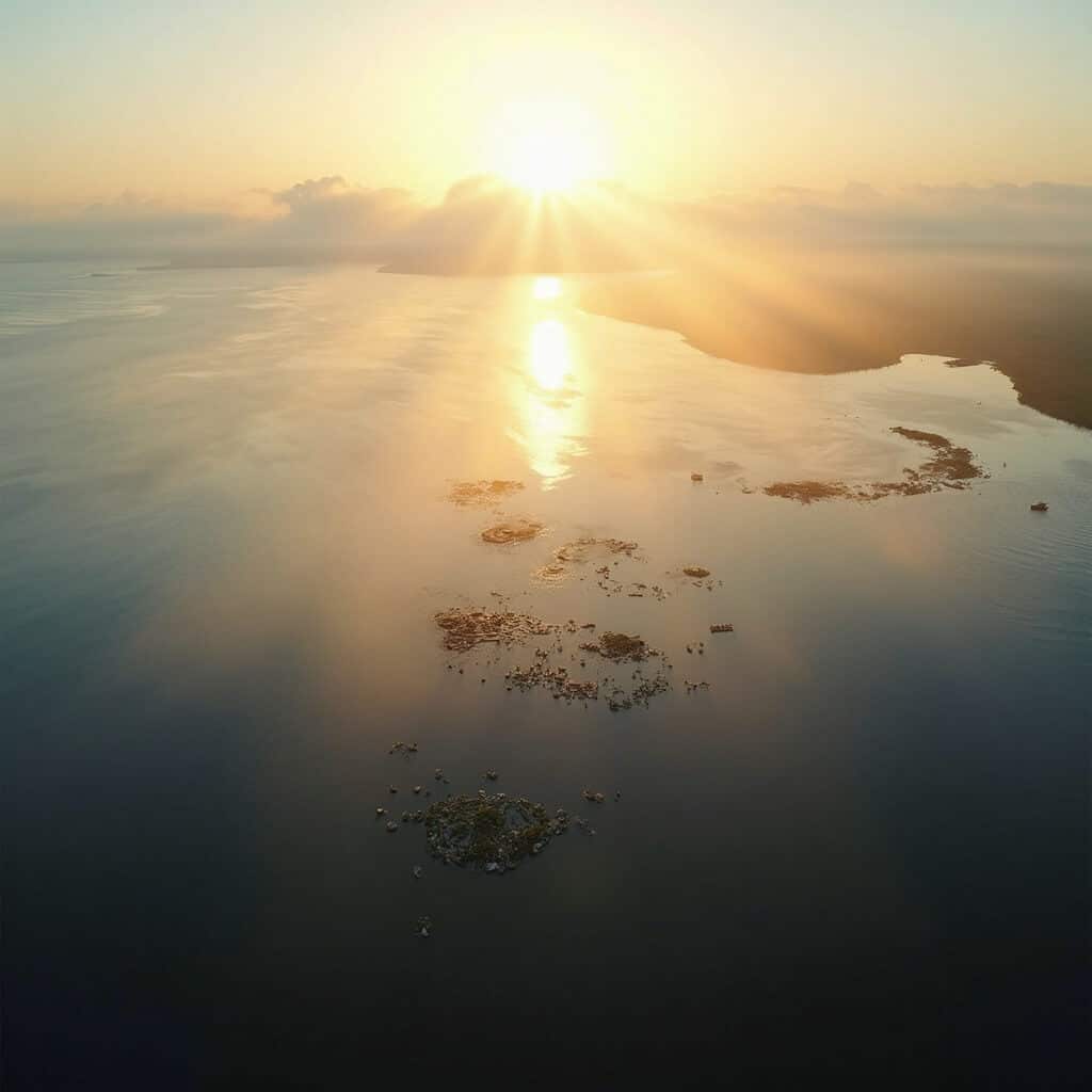 Aerial sunrise view of Apalachicola Bay's modern oyster farming infrastructure with scattered cultivation equipment and fishing vessels, depicting the transition to sustainable farming and community resilience in Florida's oyster capital.