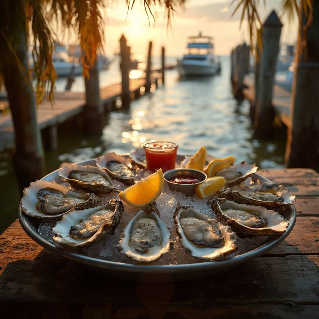 Fresh oysters on ice with fixings on a rustic table overlooking Apalachicola Bay during golden hour, with oyster boats in the distance