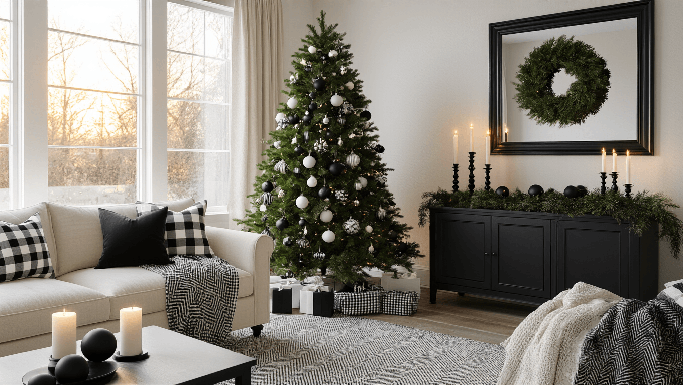 A sophisticated modern living room decorated in black and white for Christmas, featuring a lush green tree with matte black and glossy white ornaments, a cream linen sofa with a buffalo check throw, candles on a black lacquered console, and warm ambient light reflecting off a large black-framed mirror.