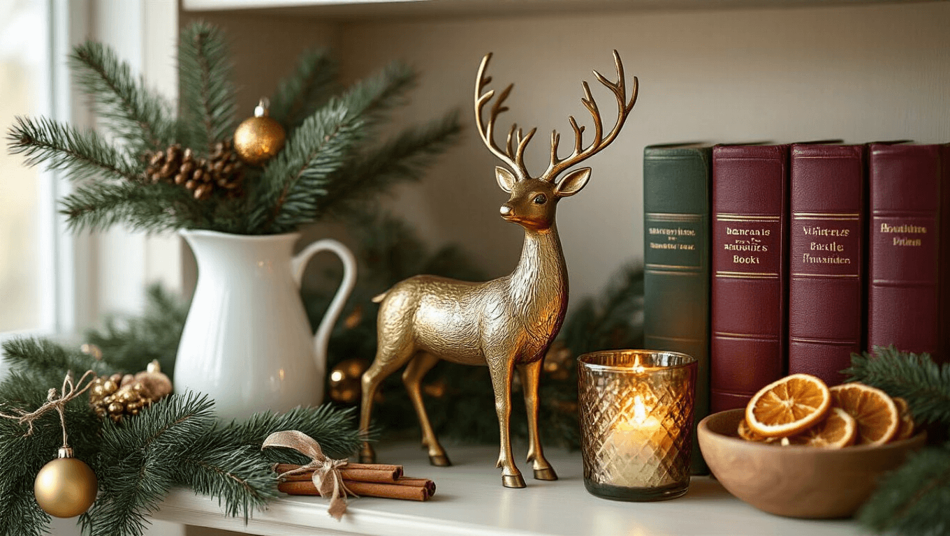 A beautifully styled Christmas shelf featuring a brass reindeer sculpture, vintage leather books in burgundy and forest green, a white ceramic pitcher with fresh pine branches, mercury glass votives with warm candlelight, scattered gold ornaments, evergreen garland, bundled cinnamon sticks, dried orange slices, and delicate ribbons, all illuminated by soft golden hour lighting that creates warm shadows on rustic wood shelving.