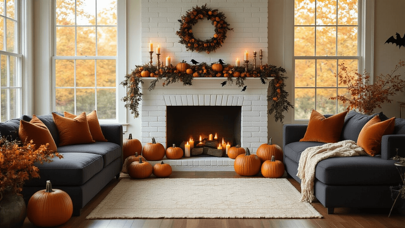A cozy living room at golden hour, featuring a white brick fireplace with eucalyptus garland and varied pumpkins, a charcoal sectional sofa with rust pillows, and warm lighting. Subtle Halloween accents like black ravens and bat garland add playful touches amidst the autumn decor.