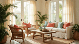 Bright Florida aesthetic living room featuring rattan chairs, palm fronds, linen curtains, and warm golden light, styled with coral and seafoam accents.