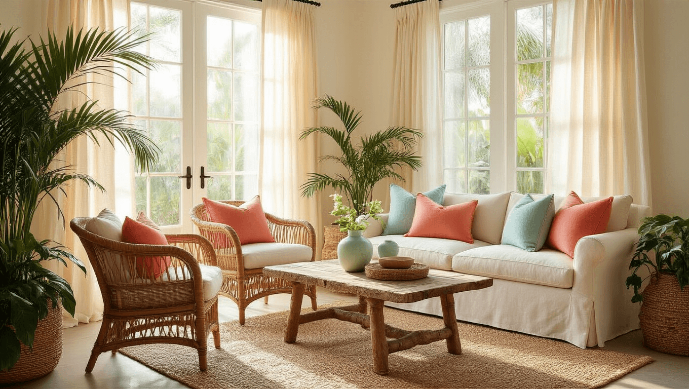 Bright Florida aesthetic living room featuring rattan chairs, palm fronds, linen curtains, and warm golden light, styled with coral and seafoam accents.