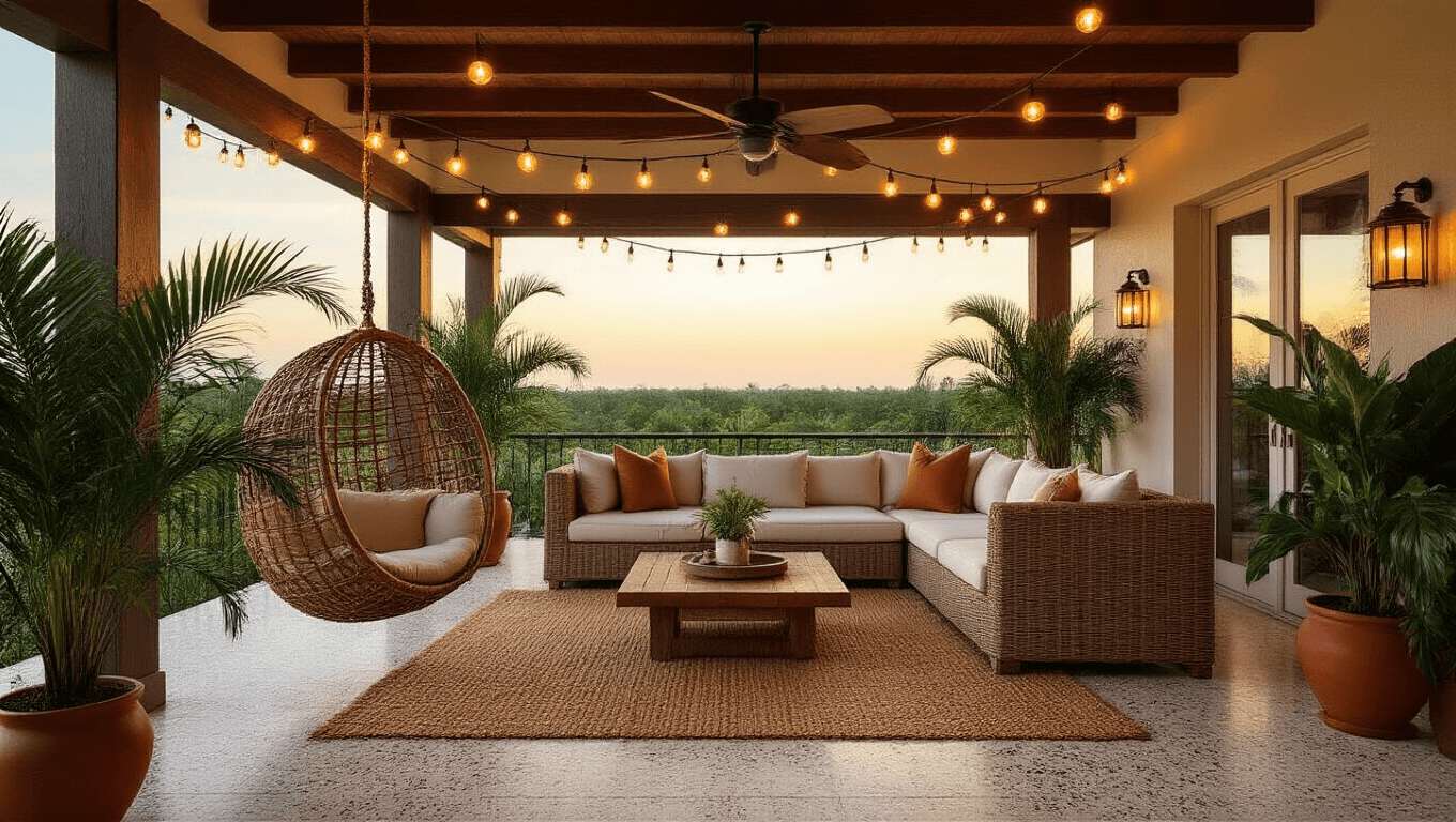Cinematic wide-angle shot of a Florida lanai at golden hour, featuring a warm ivory wicker sectional, a hanging rattan egg chair, terrazzo flooring, and lush tropical plants, illuminated by amber string lights against a soft sunset sky.