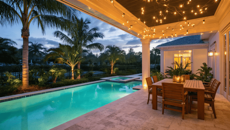 A luxurious Florida lanai at dusk, featuring a glowing teal-blue pool, amber string lights, and dramatic palm shadows, creating a resort-style retreat ambiance with warm lighting and photorealistic detail.