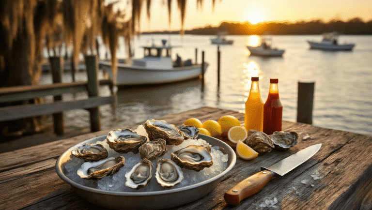 "Oyster shucking scene on a rustic dock at golden hour in Apalachicola Bay, Florida with fresh oysters, shucking knife, lemon wedges, and hot sauce, and background of boats and Spanish moss-draped trees."