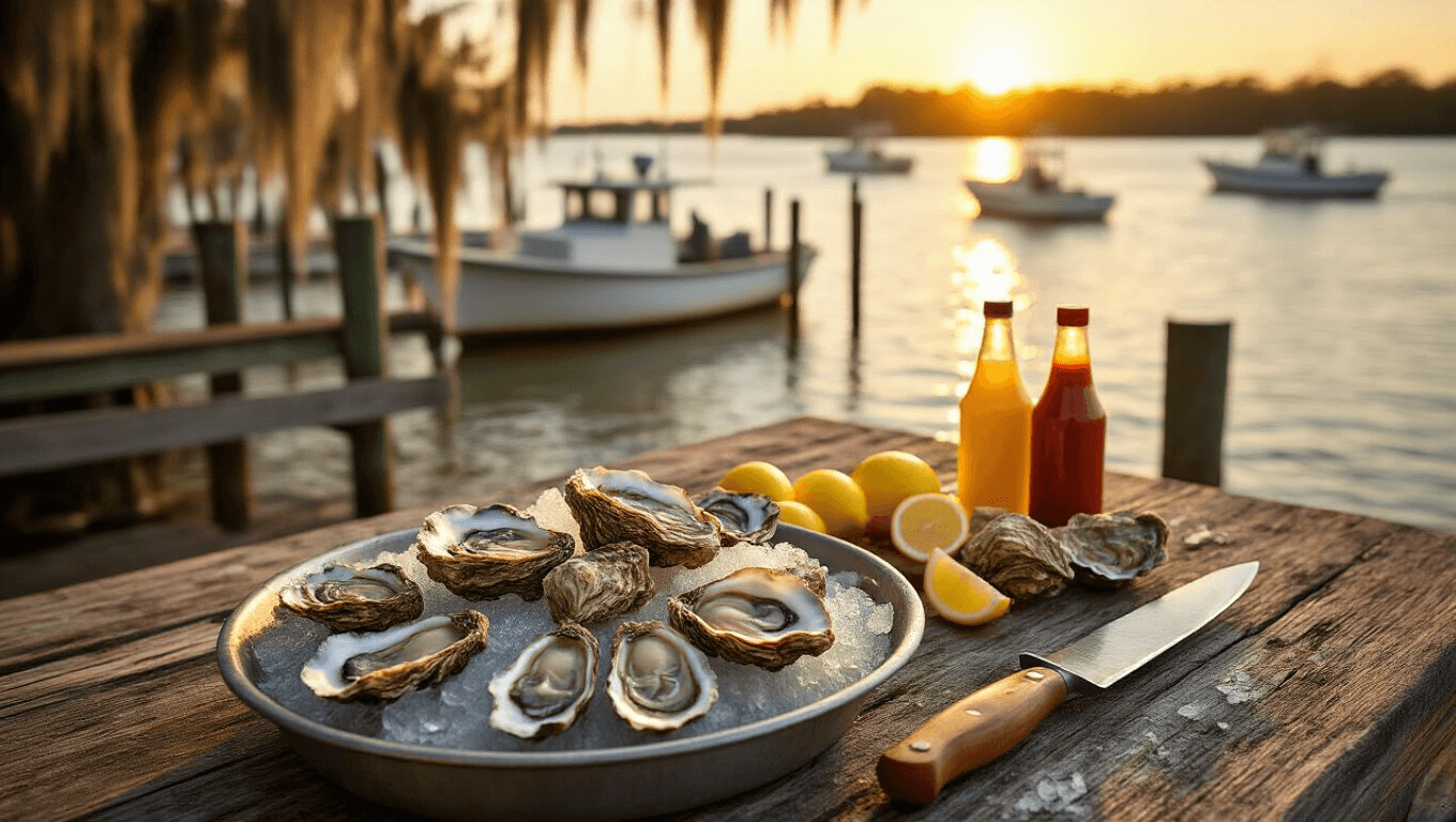 "Oyster shucking scene on a rustic dock at golden hour in Apalachicola Bay, Florida with fresh oysters, shucking knife, lemon wedges, and hot sauce, and background of boats and Spanish moss-draped trees."